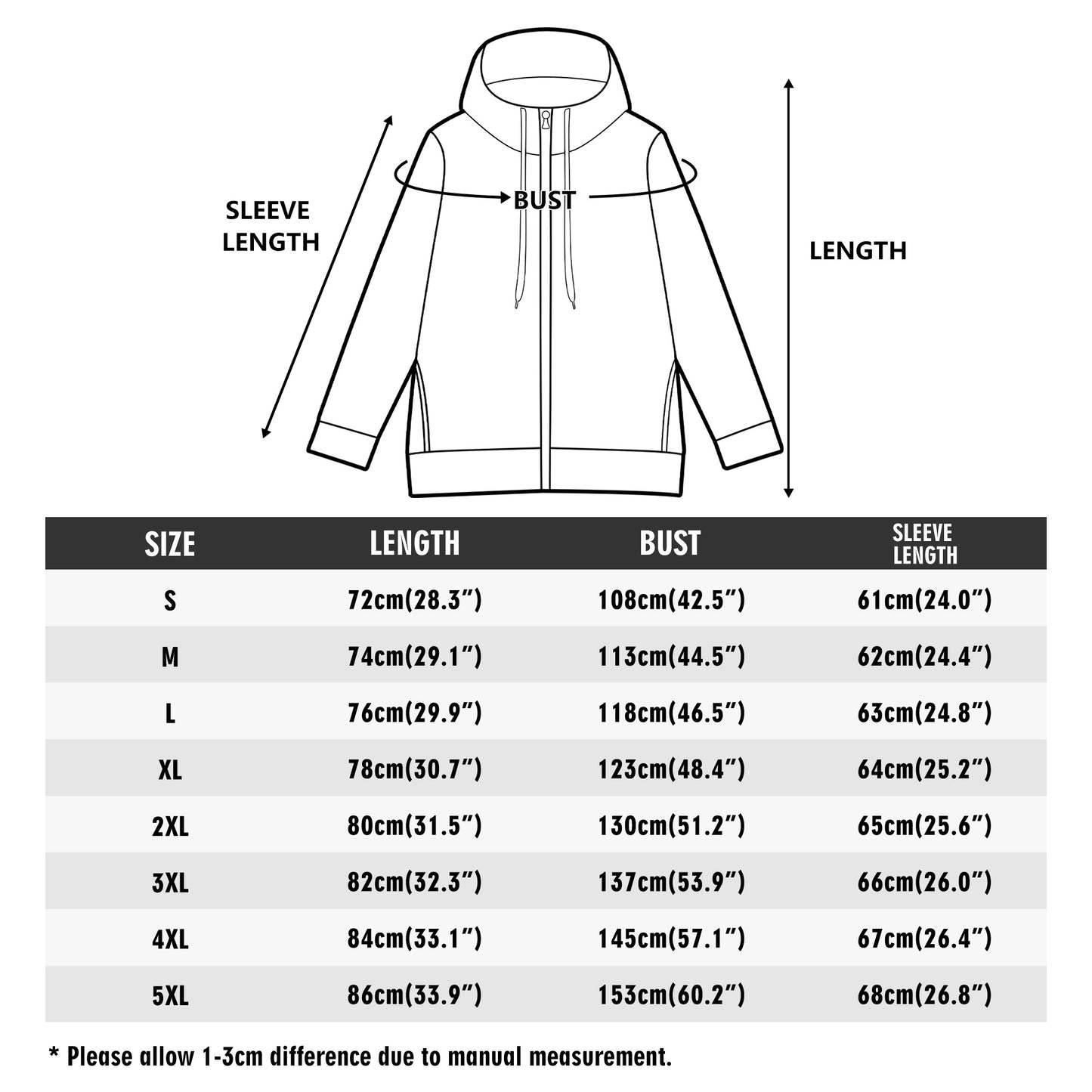 Warm Long Sleeve Drawstring Casual Hooded Sweatshirt with Full Zipper - High Collar Turtleneck Hoodie - Streetwear Style - Sizes S-5XL